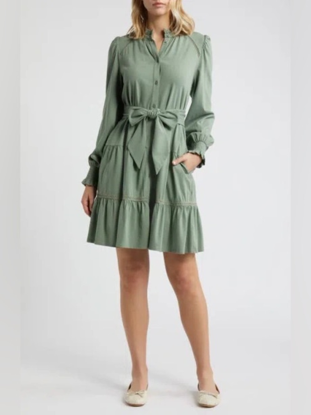 Caslon Olive Green Long Sleeve Tie-Waist Ruffle Dress